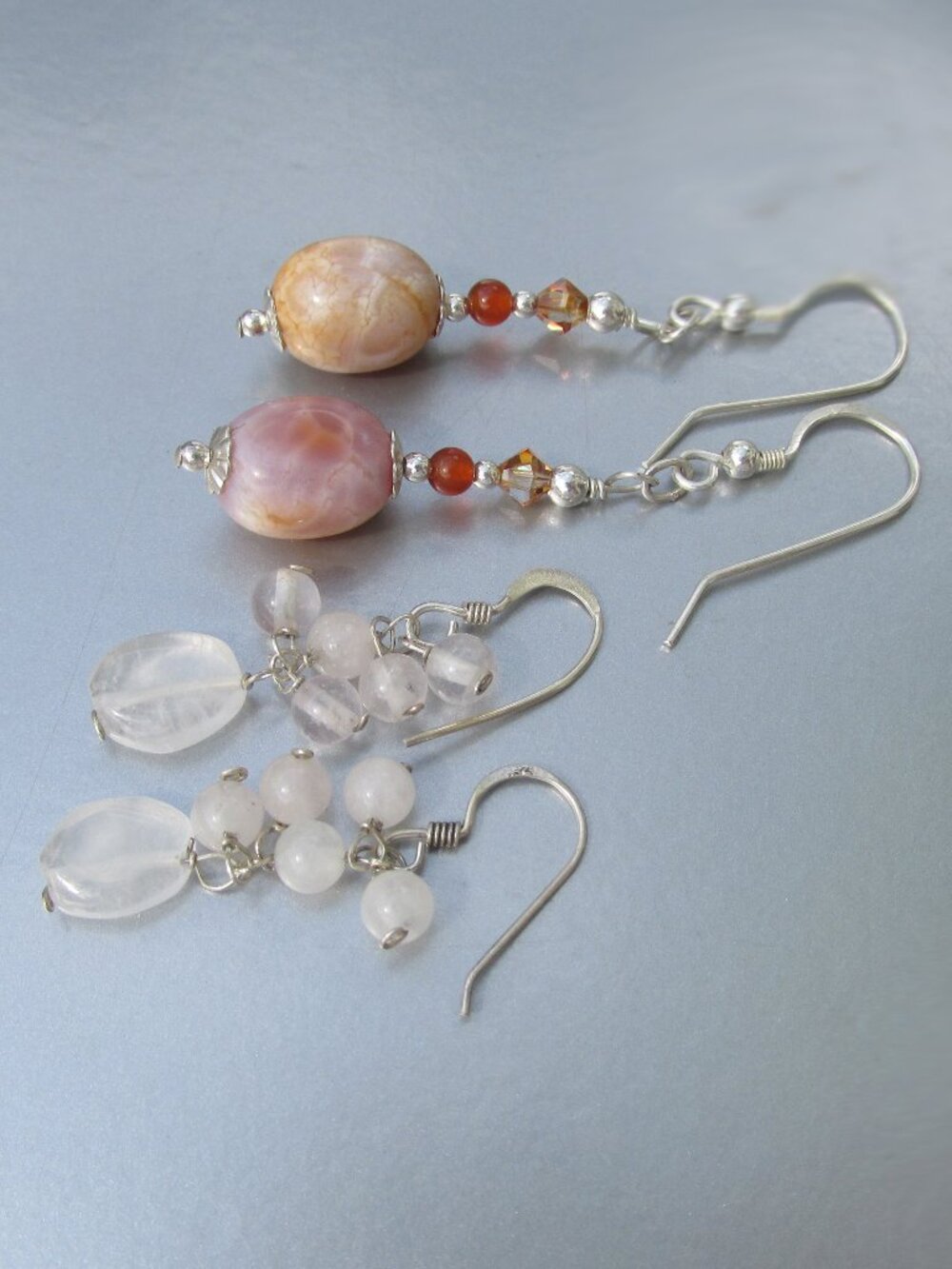 Vintage Handmade 2 Pair Quartz Crystal Dangle Bead Sterling Silver Earrings